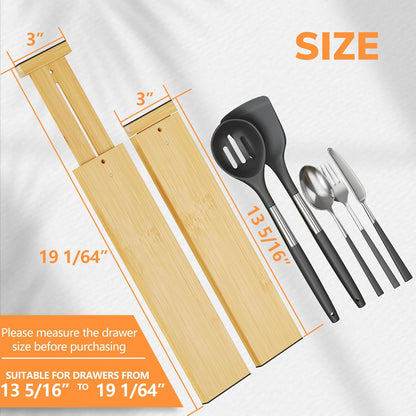 BAMEOS Bamboo Expandable Drawer Dividers – Fits 16.6"–22" Drawers, 2" High, Set of 4 | Spring-Loaded Bamboo Separator for Kitchen Island, Bathroom Vanity & Dresser Drawers