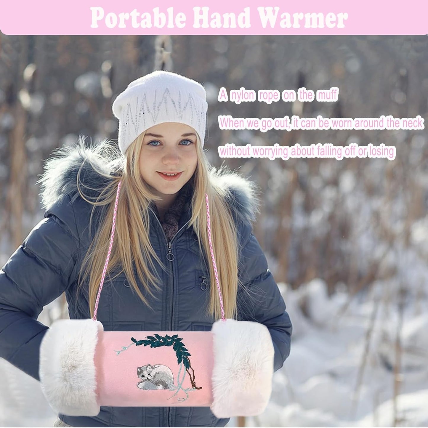 Faux Fur Hand Muffs for Women Girls, Portable Winter Hand Warmer Pouch with Pocket and Strap, Cute Pink Embroidery Pattern Hand Muffler for Cold Weather