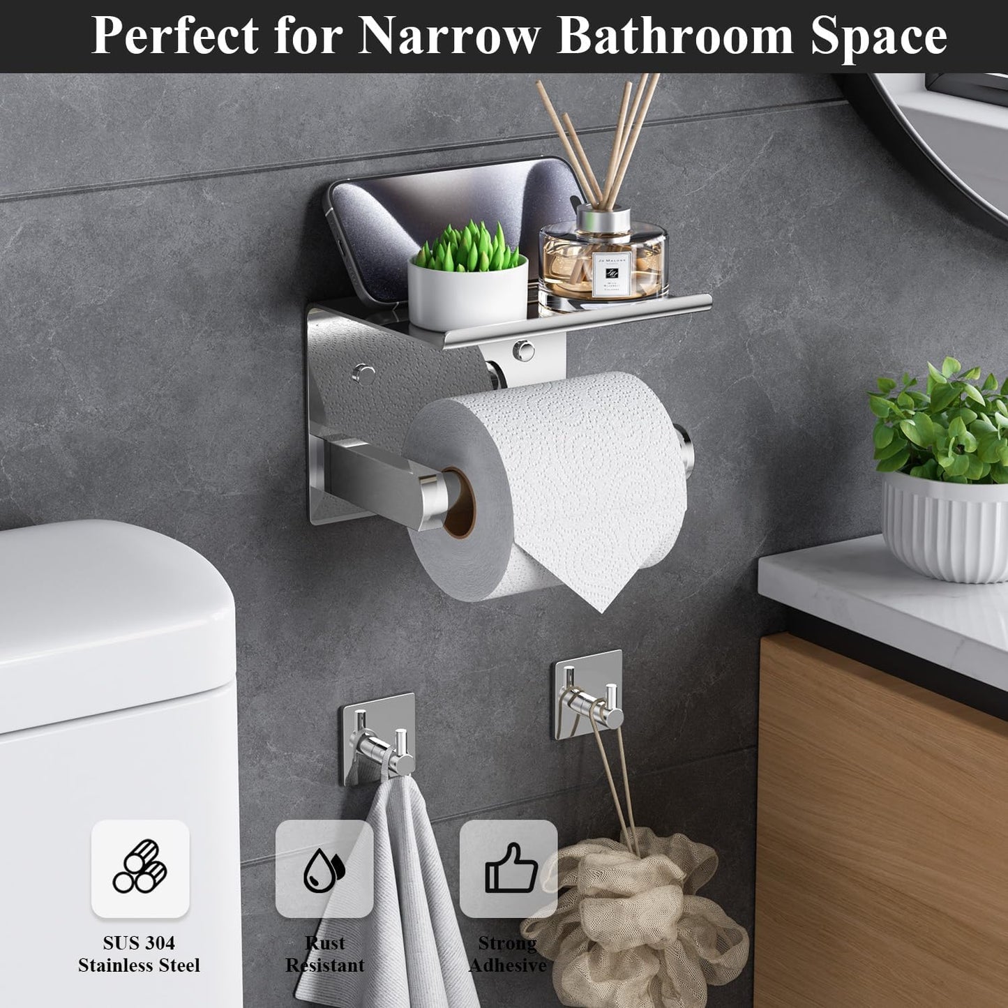 Tindbea Toilet Paper Holder Wall Mount + Towel Robe Hooks, Adhesive or Screw Wall Mounted Toilet Paper Roll Holder with Shelf, Stainless Steel Bathroom Organizers and Storage Kit (Brushed Gold)