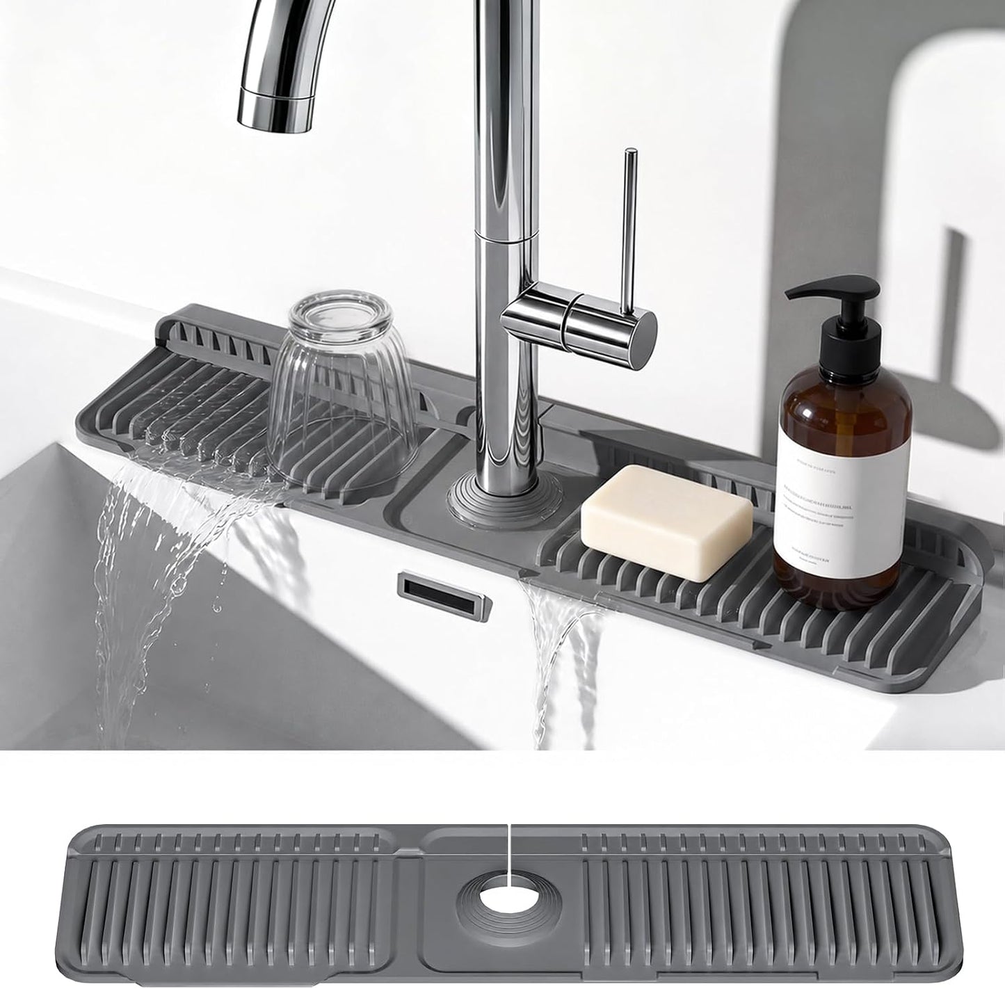 24 Inch Faucet Mat for Kitchen Sink, Silicone Splash Guard for Kitchen Sink Area, 7° Slope Fast Self-Draining Sink Mat, Cuttable Hole Design, Sink Backsplash Guard Draining Mat, Grey