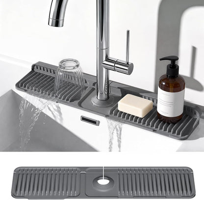 24 Inch Faucet Mat for Kitchen Sink, Silicone Splash Guard for Kitchen Sink Area, 7° Slope Fast Self-Draining Sink Mat, Cuttable Hole Design, Sink Backsplash Guard Draining Mat, Grey
