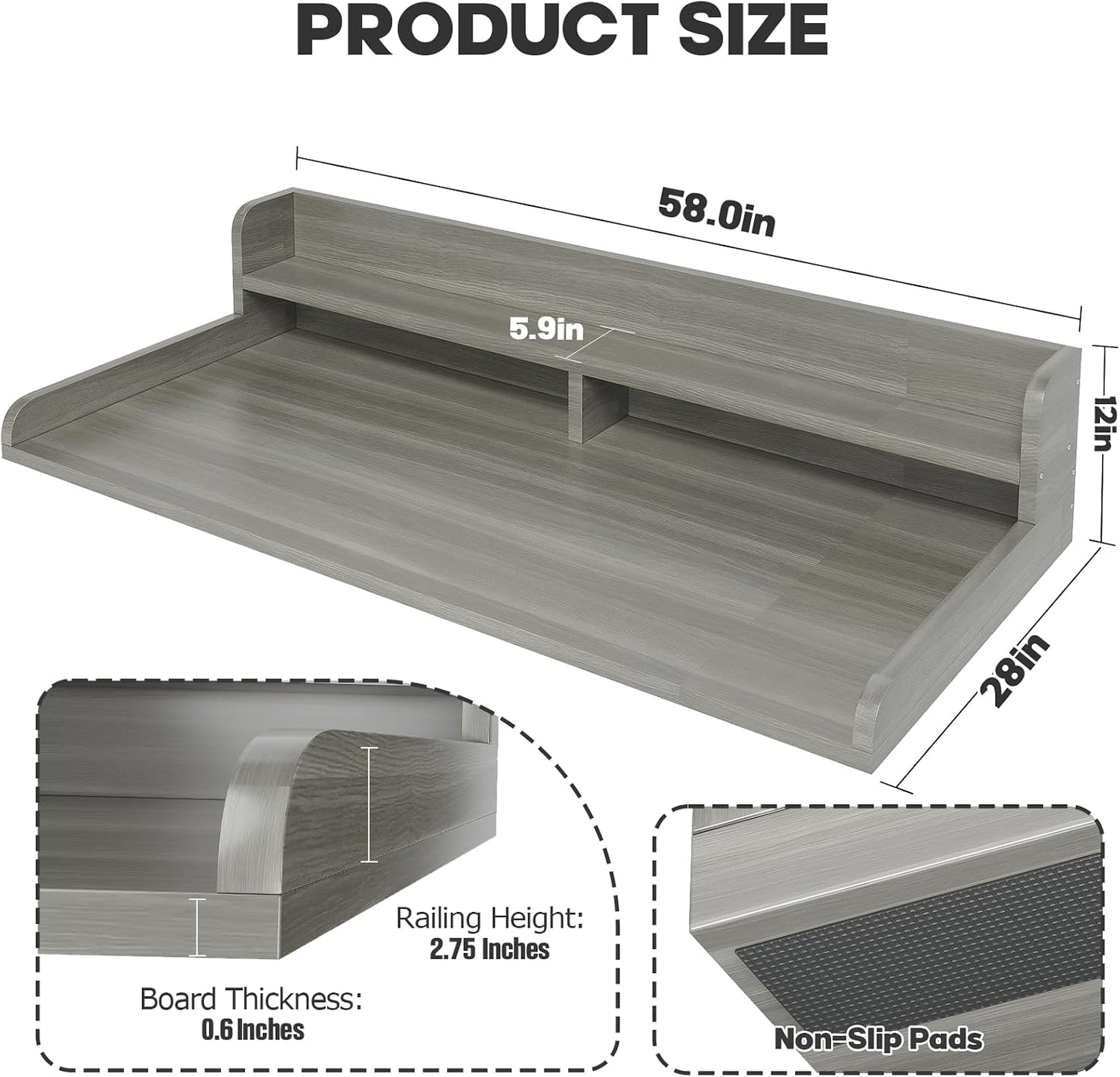 2-Tier Washer Dryer Countertop with 2.75" H Edge Rails, 54" W x 27.55" D Laundry Countertop for Folding Clothes, Washer and Dryer Topper with Non-Slip Pad (Dark Walnut)