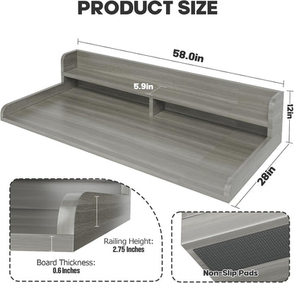 2-Tier Washer Dryer Countertop with 2.75" H Edge Rails, 54" W x 27.55" D Laundry Countertop for Folding Clothes, Washer and Dryer Topper with Non-Slip Pad (Dark Walnut)