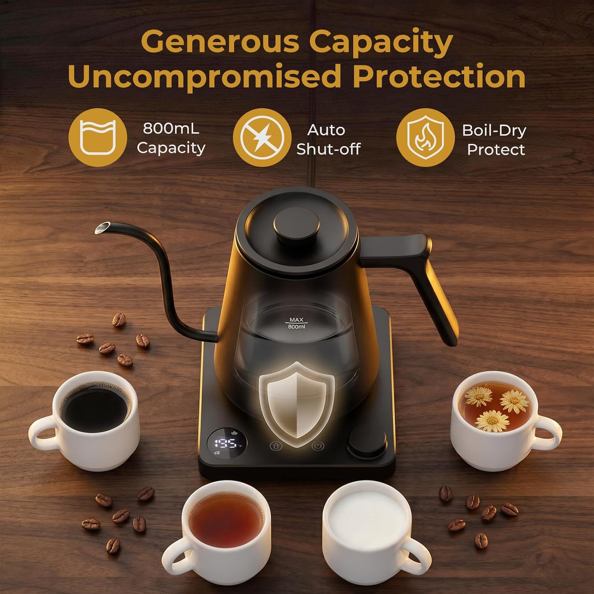 Gooseneck Electric Kettle Coffee Kettle with ±1°F Temperature Control, 27oz/0.8L 1200W Rapid Heating, 2Hours Keep Warm Automatic Shut Off Stainless Steel for Pour Over Coffee & Tea - Black