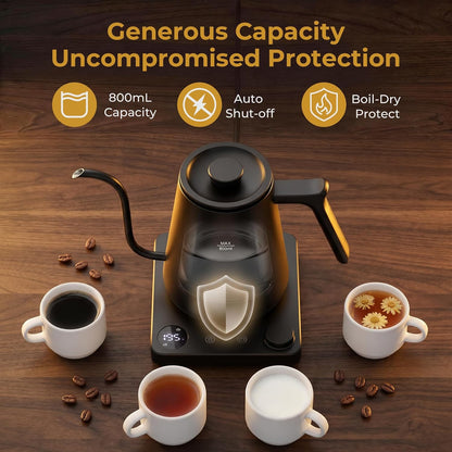 Gooseneck Electric Kettle Coffee Kettle with ±1°F Temperature Control, 27oz/0.8L 1200W Rapid Heating, 2Hours Keep Warm Automatic Shut Off Stainless Steel for Pour Over Coffee & Tea - Black
