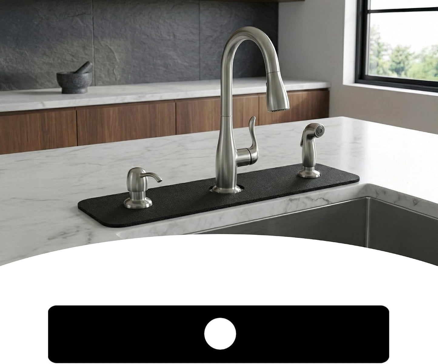 33 Lx5.5 W Long Kitchen Sink Faucet Mat: Customizable Black Splash Guard with Pre-Cut Center Hole for Large Double bowl Sink, DIY to Fits irregular & 2, 3, 4 hole sinks with Soap Dispenser & Air Gap