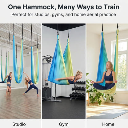 Blue-Green Gradient & Dark Green Aerial Yoga Hammock (400x180 cm / 157"x71"), Soft Silk Swing for Anti-Gravity Yoga, Inversion Therapy, Ideal for Strength, Flexibility Training and Stress Relief