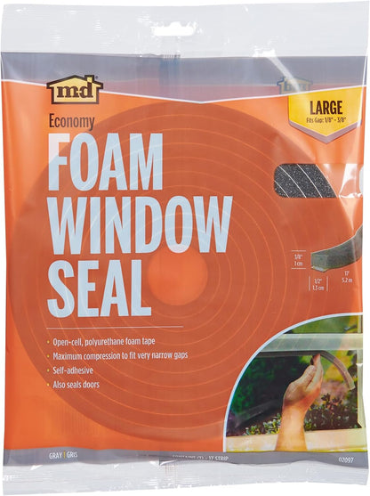MD Building Foam Window Seal for Ex-Large Gaps, Gray, 17ft | Open-Cell Polyurethane Foam, Self-Adhesive Backing, Cut-to-Length Scissors, Seals Drafts Moisture Dust Insects
