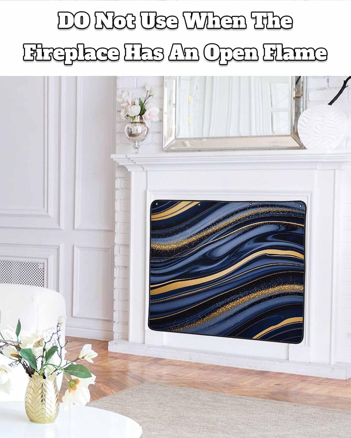 Marble Magnetic Fireplace Cover, Fireplace Draft Blocker, Navy Blue Modern Abstract Gold Gradual Art Fireplaces Blanket for Heat Loss/Cold Air, Fireplaces Draft Stopper Cover for Inside 45''x34''