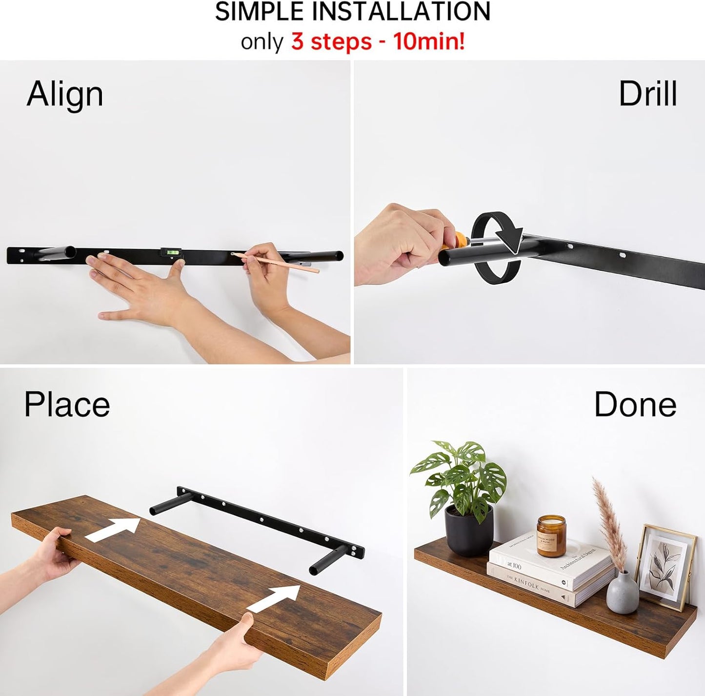BAYKA Rustic Brown Floating Shelves 22.5in, Set of 2, Wall Mount Wood Shelf | Easy Install, 22lbs Max Load, Hidden Bracket, for Bathroom Bedroom Living Room or Kitchen, Hanging Shelf Book Decor Storage
