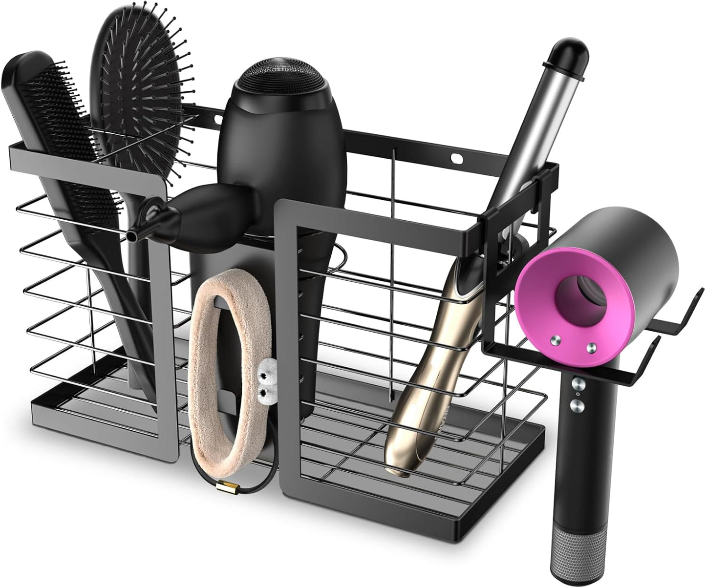 FUNKYLEE Hair Tool Organizer, 3 in 1 Metal Hair Dryer Holder Wall Mounted for Flat Iron, Curling Iron, Straightener, Styling Tools Bathroom Storage and Organizer (Black)