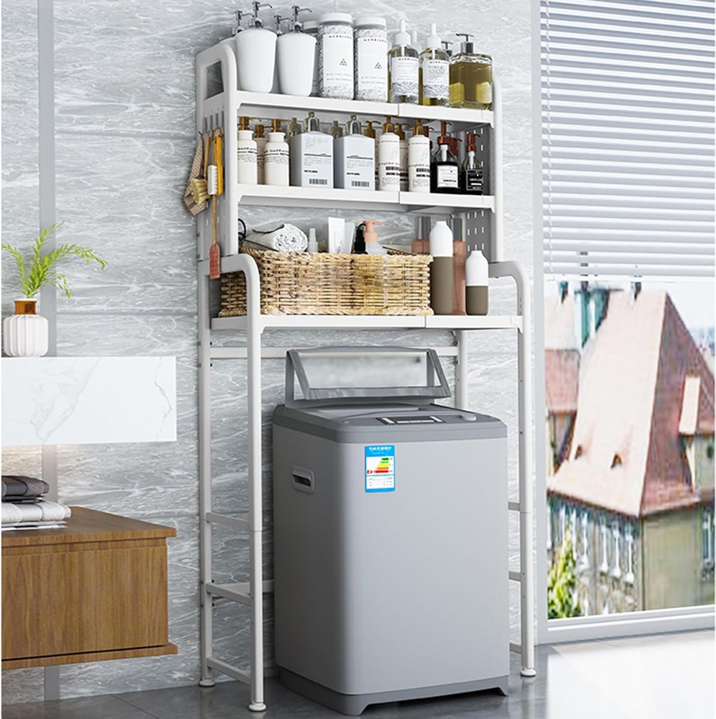 Adjustable Laundry Organizer Shelf over the Washer and Dryer Storage Shelf | 3 Tier Expandable Over Washer Storage, Over Toilet Washing Machine Bathroom Organization Shelves with Pegboard and Hook