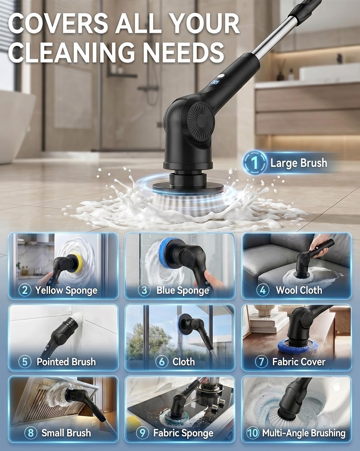 Electric Spin Scrubber, 3-Speed Shower Scrubber with Long Handle & 10 Replaceable Brush Heads, Cordless Full-Body IPX7 Waterproof Shower Cleaner Brush with 90 Mins Runtime for Bathroom
