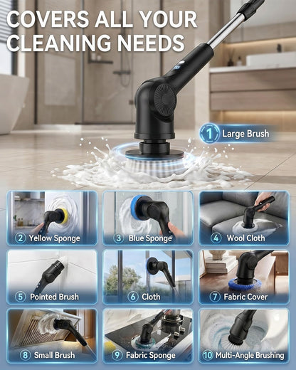 Electric Spin Scrubber, 3-Speed Shower Scrubber with Long Handle & 10 Replaceable Brush Heads, Cordless Full-Body IPX7 Waterproof Shower Cleaner Brush with 90 Mins Runtime for Bathroom