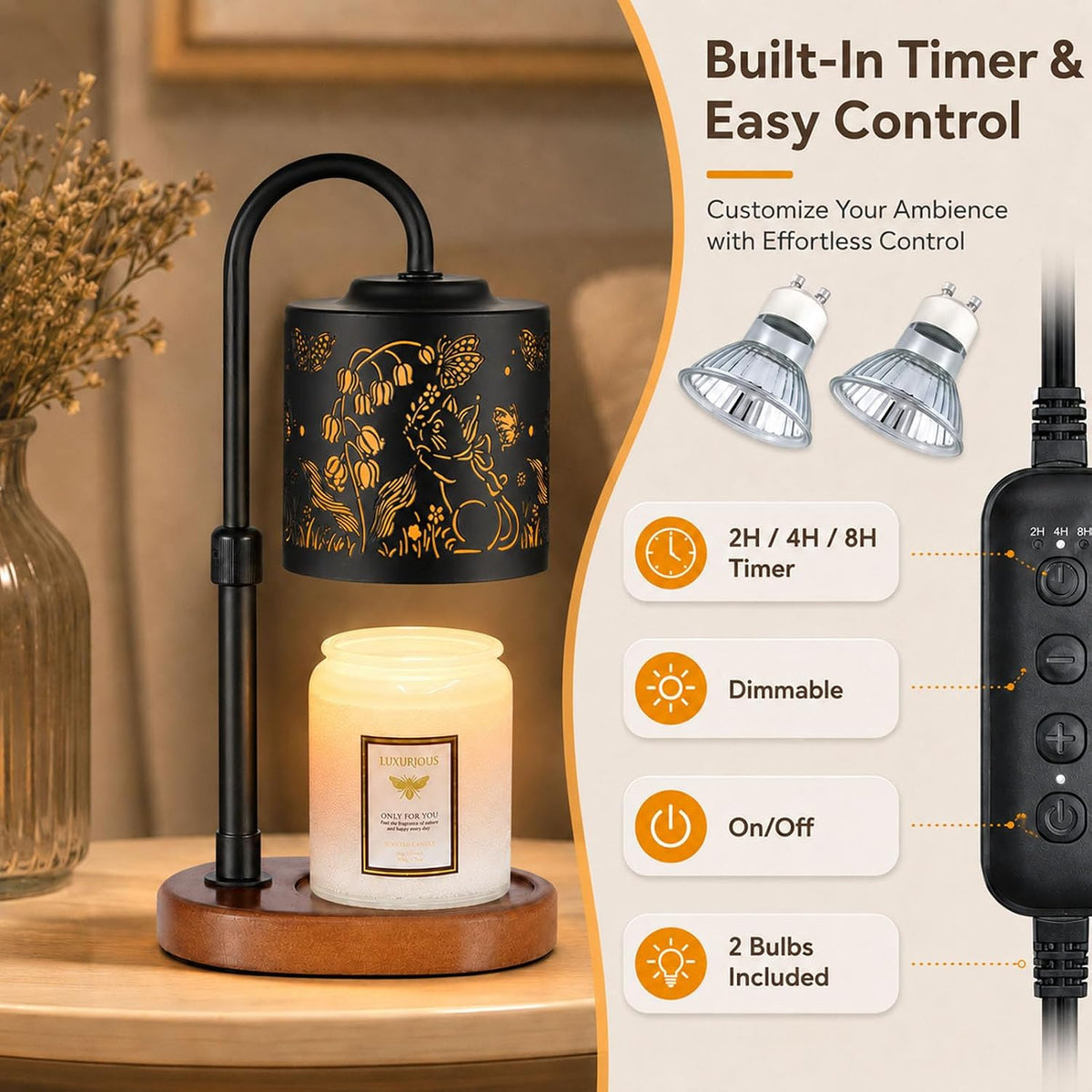 Dimmable Candle Warmer Lamp with Timer Adjustable Height for Scented Jar Candles Electric Candle Wax Melt Warmer for Home Decor Christmas Birthday Gifts for Women Mom(Hummingbird)