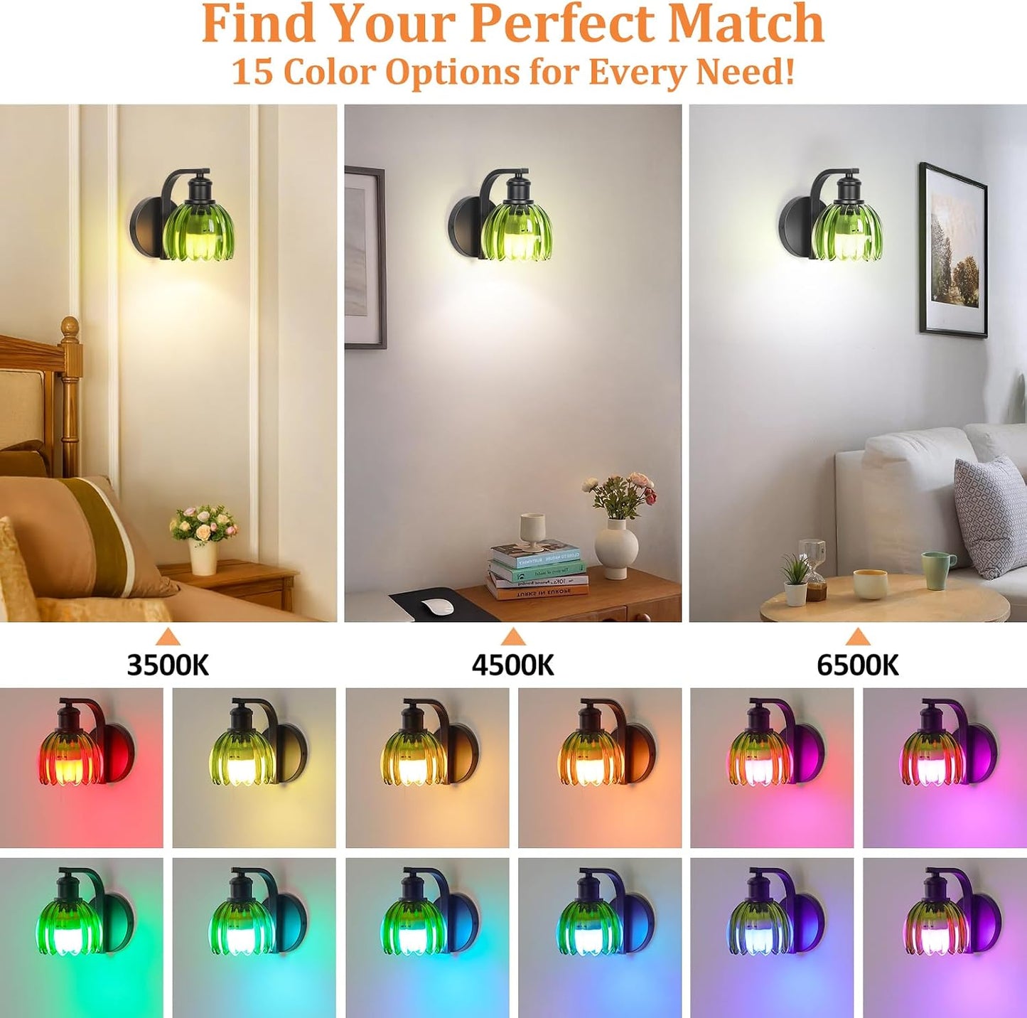 Rechargeable Battery Operated Wall Sconce Set of Two with Green Glass Lampshade, Wireless Battery Powered Wall Lamp with Remote Control, 15 Colors Gold Wall Light for Bedside Hallway Bedroom Doorway