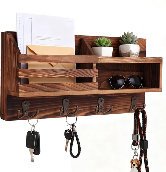 Solid Wood Key and Mail Holder for Wall, Brown | Farmhouse Entryway Organizer with Shelf, For Keys, Wallet, Dog Leash