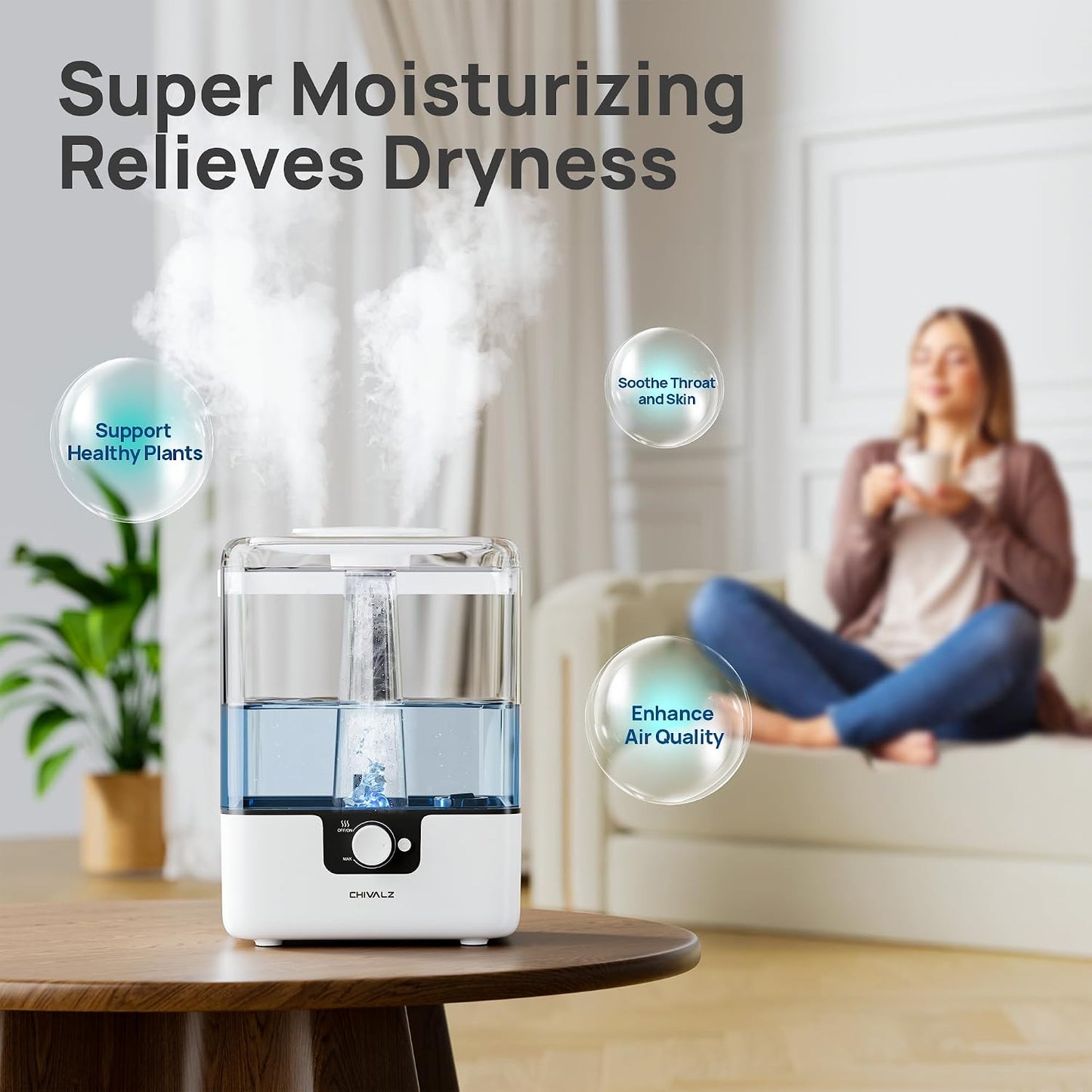 CHIVALZ Humidifiers for Bedroom Large Room, 6L Cool Mist Top Fill Humidifier with Essential Oil Diffuser, 26dB Quiet Ultrasonic Humidifier for Baby Nursery Plants, 50H Runtime Night Light 1 Pack White | Easy to Refill and Clean, Oil Diffuser, Blue