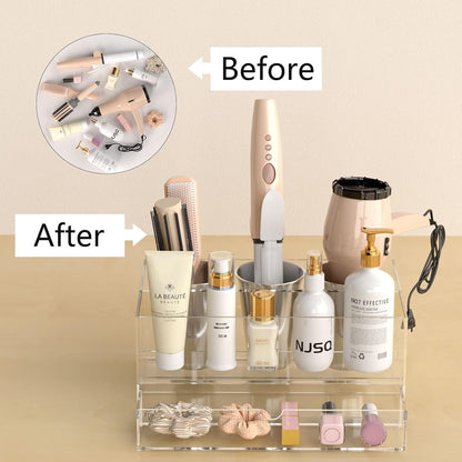 NIUBEE Acrylic Hair Tool Organizer,Hair Dryer Holder Countertop with 3 Cups | Clear, Hot Tools Organizer, Hair Blow Dryer Organizer for Curling Iron, Brush, Straightener, Makeup,Skincare,Vanity, Bathroom