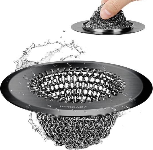 Upgraded Sink Drain Strainer, Patented Reversible Chain Mail Mesh | Anti-Slip Ring, Fast Drainage, Reversible Flip Clean, Rust-Proof, Universal 4.4-Inch, Large Capacity, Garbage Disposal Fit