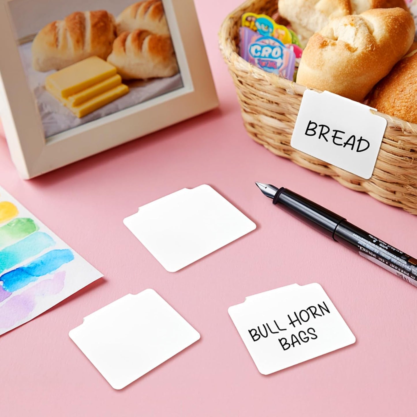 12pcs White Basket Labels Removable PVC Labels | Clip On for Storage Bins, Removable PVC Labels for Baskets with Holders, 3.5x2.7 Inches