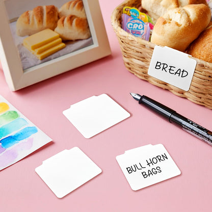 12pcs White Basket Labels Removable PVC Labels | Clip On for Storage Bins, Removable PVC Labels for Baskets with Holders, 3.5x2.7 Inches