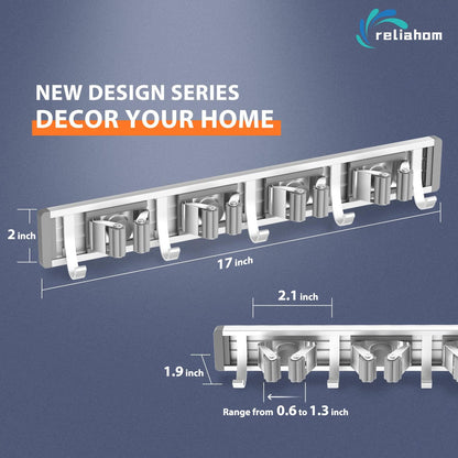 reliahom Broom Holder Wall Mount Mop Hanger Tools organizer 5Racks 4Hooks | Adjustable Mop Broom Wall Hanging Heavy duty Tools Storage Rack Space-saving for Garage,Kitchen,Laundry Room,Garden, Silver