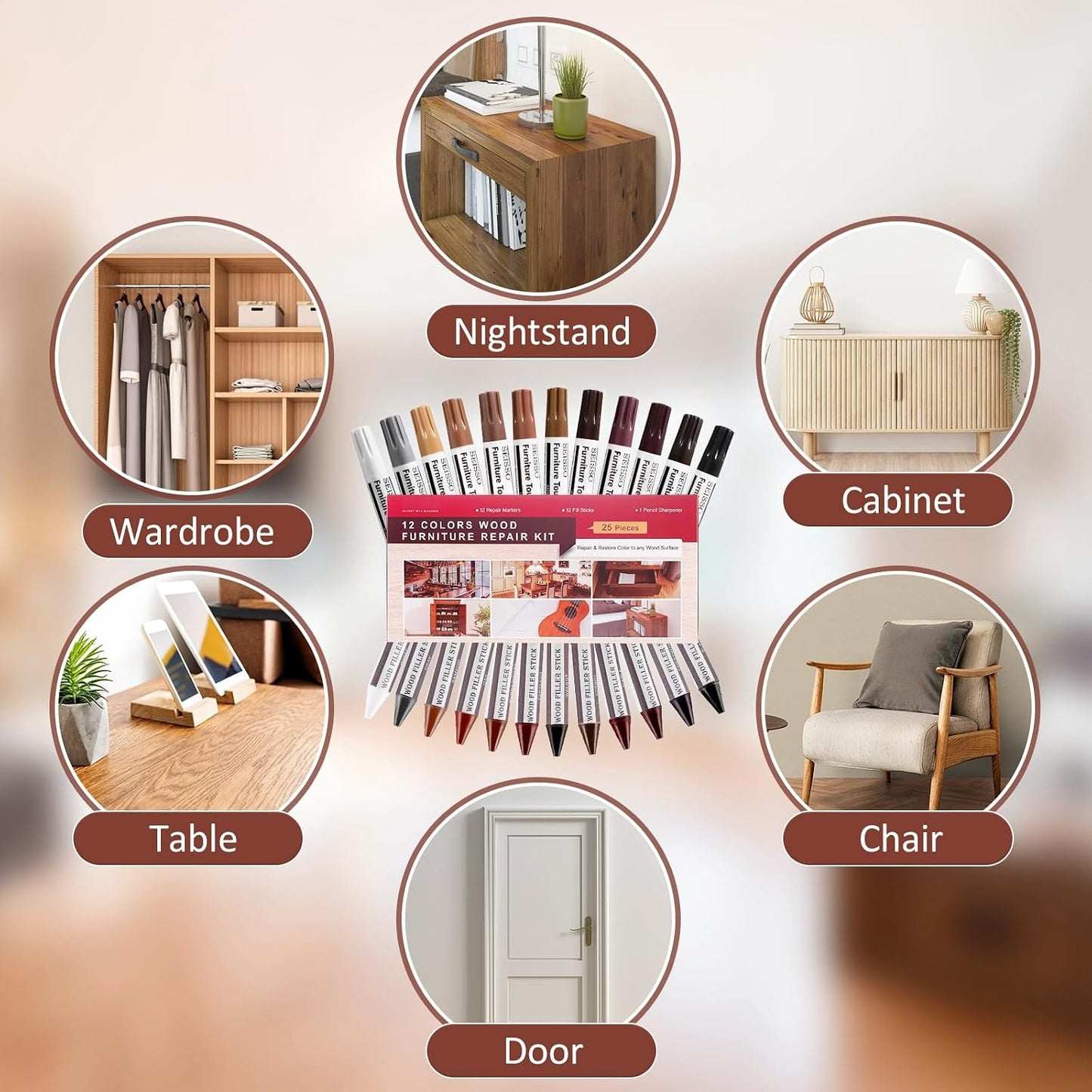 SEISSO Wood Furniture Repair Kit, Touch Up Markers Wood Fillers | Wood Putty with Polish Wax, 12 Colors Wood Repair Kit of Stains, Scratches, Holes, Cracks(40 PCs)