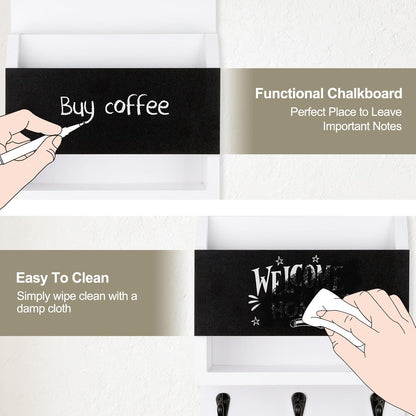 Key and Mail Holder for Wall with Chalkboard and Long Storage Box | Key Holder, Key Hanger with 3 Sturdy Hooks for Coat, Dog Leash, Entryway Mail Organizer