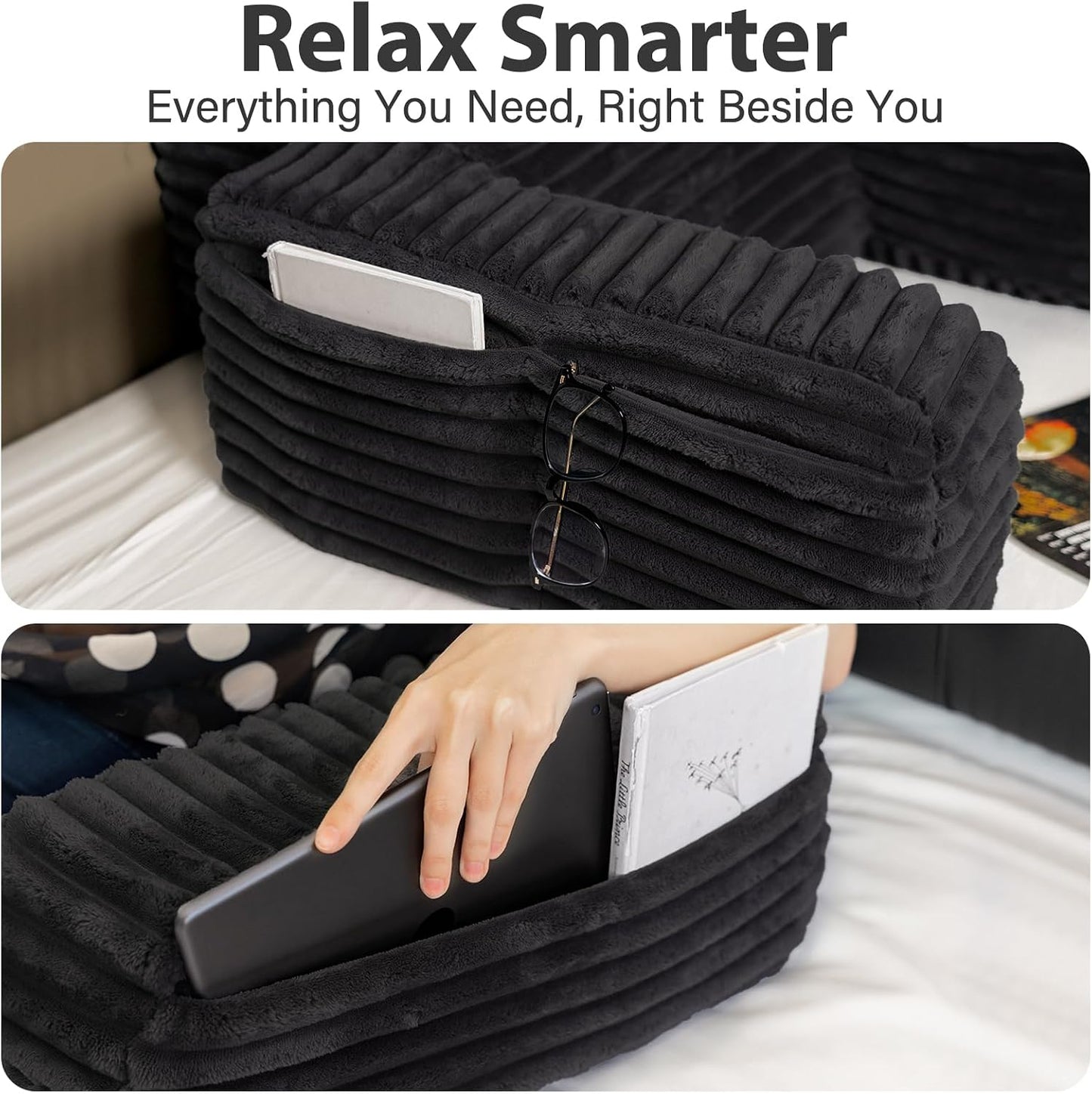ENITYA 22" XL Back Pillow for Bed Sitting Up with Armrests & Big Pockets | Reading Pillow for Bed, Soft Back Support Chair, Ideal for Watching TV, Gaming, Nursing, Resting, Post Surgery, Dark Grey