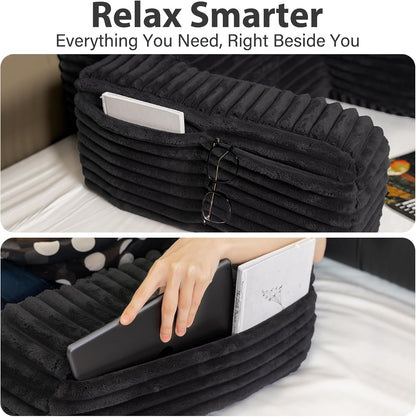 ENITYA 22" XL Back Pillow for Bed Sitting Up with Armrests & Big Pockets | Reading Pillow for Bed, Soft Back Support Chair, Ideal for Watching TV, Gaming, Nursing, Resting, Post Surgery, Dark Grey