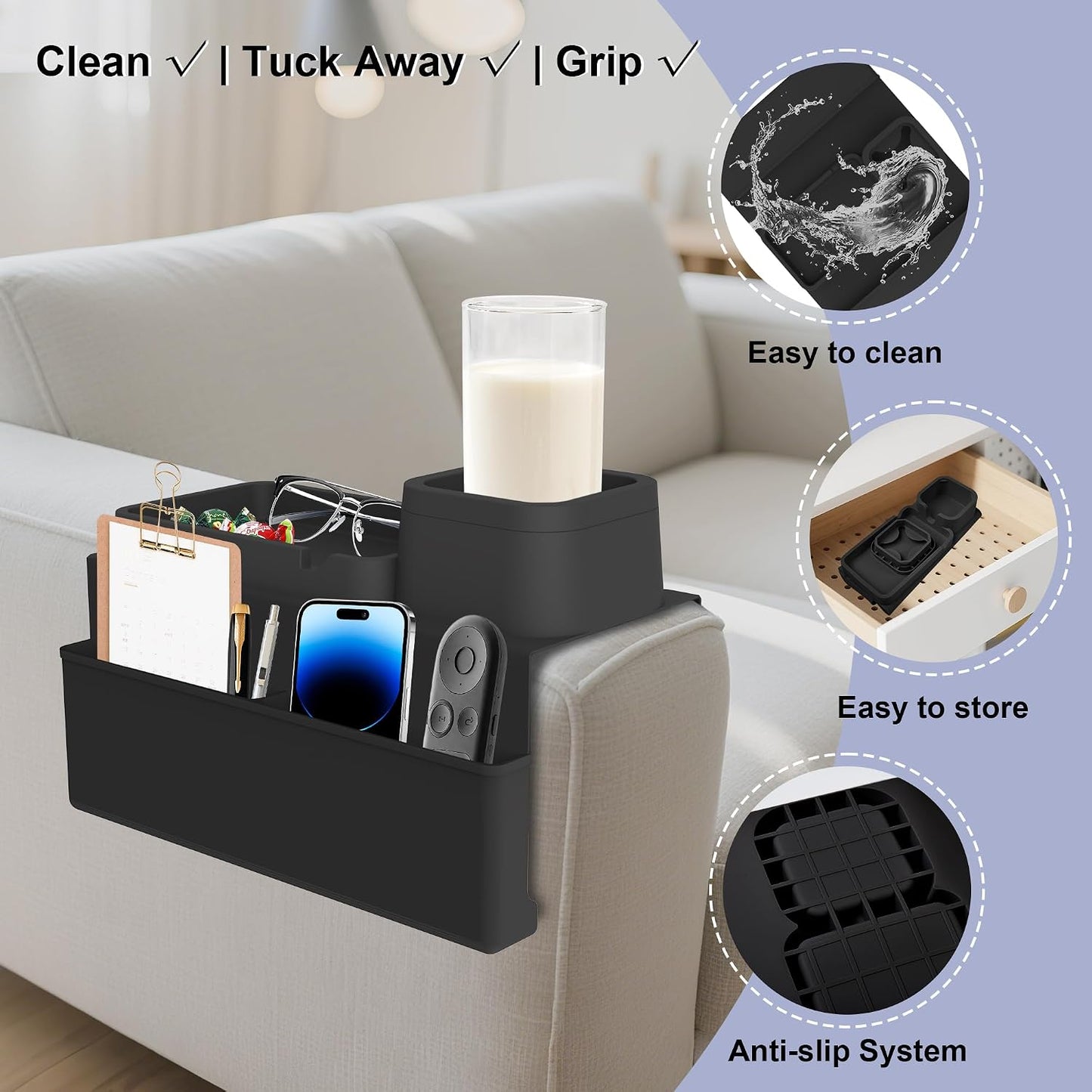 Couch Cup Holder Tray - Silicone Sofa Armrest Organizer Slate Gray | couch caddy with side pockets for drinks, phone, remote; sofa arm chair table arm chair caddy for recliner armrest organizer