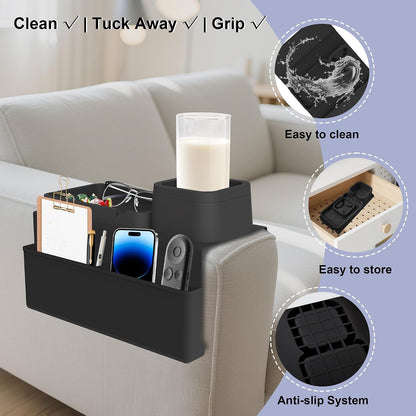 Couch Cup Holder Tray - Silicone Sofa Armrest Organizer Slate Gray | couch caddy with side pockets for drinks, phone, remote; sofa arm chair table arm chair caddy for recliner armrest organizer