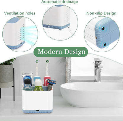 Bathroom Toothbrush Holders, Toothbrush and Toothpaste Holder (Wood Grain) | Easy To Clean, Drainage, Removable, Non-Slip, 4 Slots Tooth Brush Holder for Bathroom Countertop Organizer