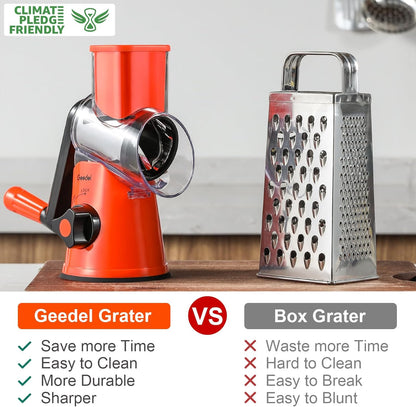 Geedel Rotary Cheese Grater, Kitchen Mandoline Vegetable Slicer with 3 Interchangeable Blades, Easy to Clean Rotary Grater Slicer for Fruit, Vegetables, Nuts | 3 Blades, 430 Stainless Steel, 12x Fast Cutting, Strong Suction Base, No BPA, Dishwasher Safe,