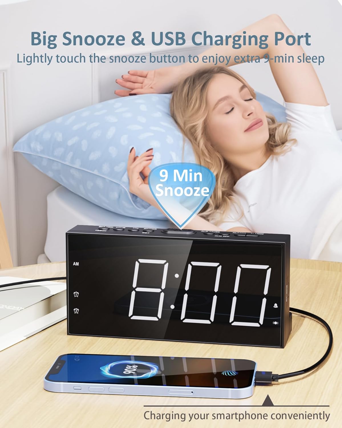 Roxicosly Alarm Clock with Bed Shaker, Vibrating Alarm Clock for Heavy Sleepers/Hard of Hearing/Deaf,Dual Alarms, 7.5’’ Large LED Display, Dimmer, USB Charging Port, Plug-in with Memory Function