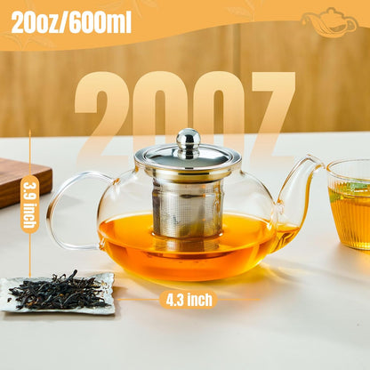 Baalaka Glass Teapot 18.6oz/550ml, Tea Pot with Removable Infusers for Loose Tea, Borosilicate Glass Tea Kettle Tea Maker Stovetop for Camping, Tea Infuser for Loose Leaf Tea Travel | Borosilicate glass tea kettle with infuser; steel strainer for loose