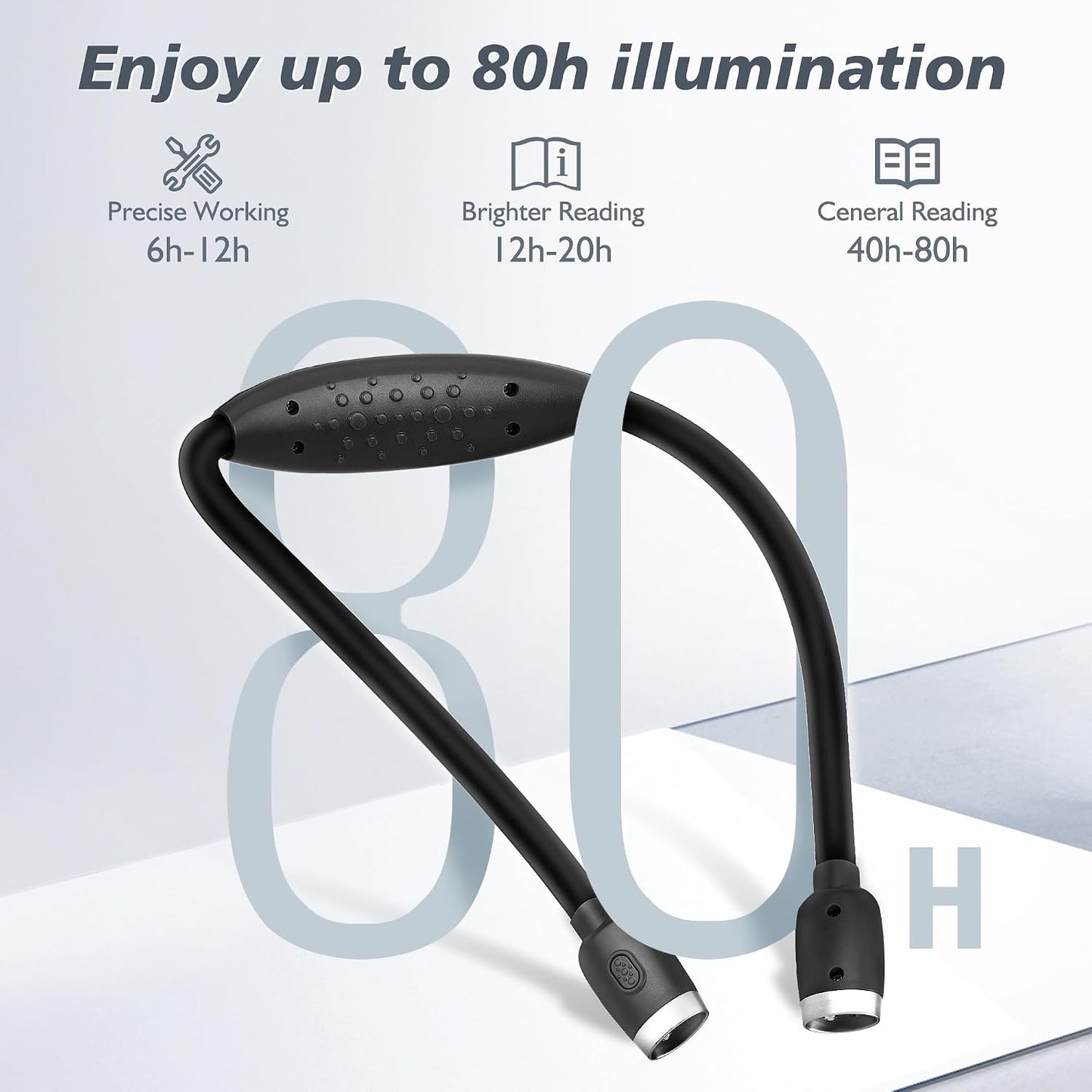 LEDGLE Neck Book Light for Reading Rechargeable,Long Arm,6 Brightness-Black | 800mAh,Cool White 6000K,360°Magic Buckle,Nubs Non-Slip Heat-Dissipating,USB 5-20H Hands Free for Knitting Repair Camping