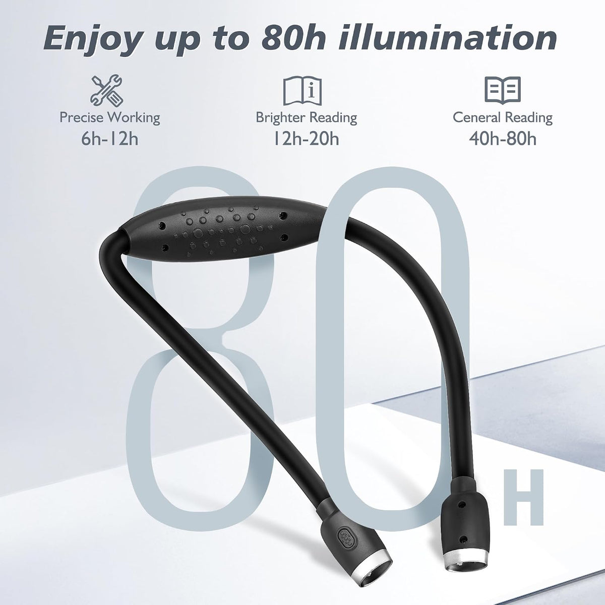 LEDGLE Neck Book Light for Reading Rechargeable,Long Arm,6 Brightness-Black