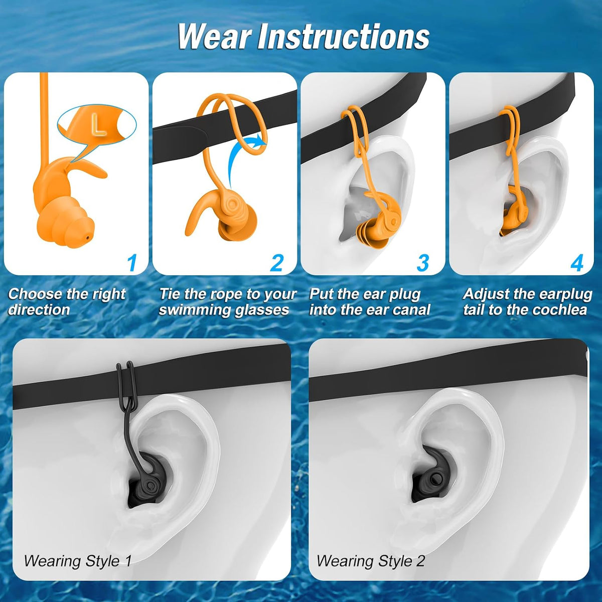 Swimming Ear Plugs for Adults,3 Pairs Waterproof Reusable Silicone Swim Earplugs for Swimming Surfing Snorkeling Showering and Water Pool,Beach,Ocean (Adults & Teens 14+)
