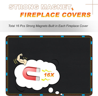 Magnetic Fireplace Cover, Draft Stopper for Brick Fireplace, Fireplace Flue Blocker with 16 Pieces Strong Magnets, Indoor Fireplace Blanket for Heat Loss, Winter and Summer, Black, 36x27 Inches