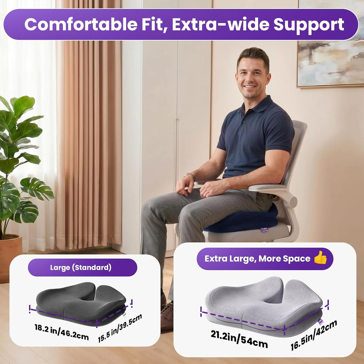 ZZ-WELL Seat Cushions for Office Chairs, Coccyx Cushion for Tailbone Pain, Memory Foam Butt Pillows for Computer Gaming Chair, Patented Pressure Relief Design Chair Cushion (Light Grey, XX-Large)