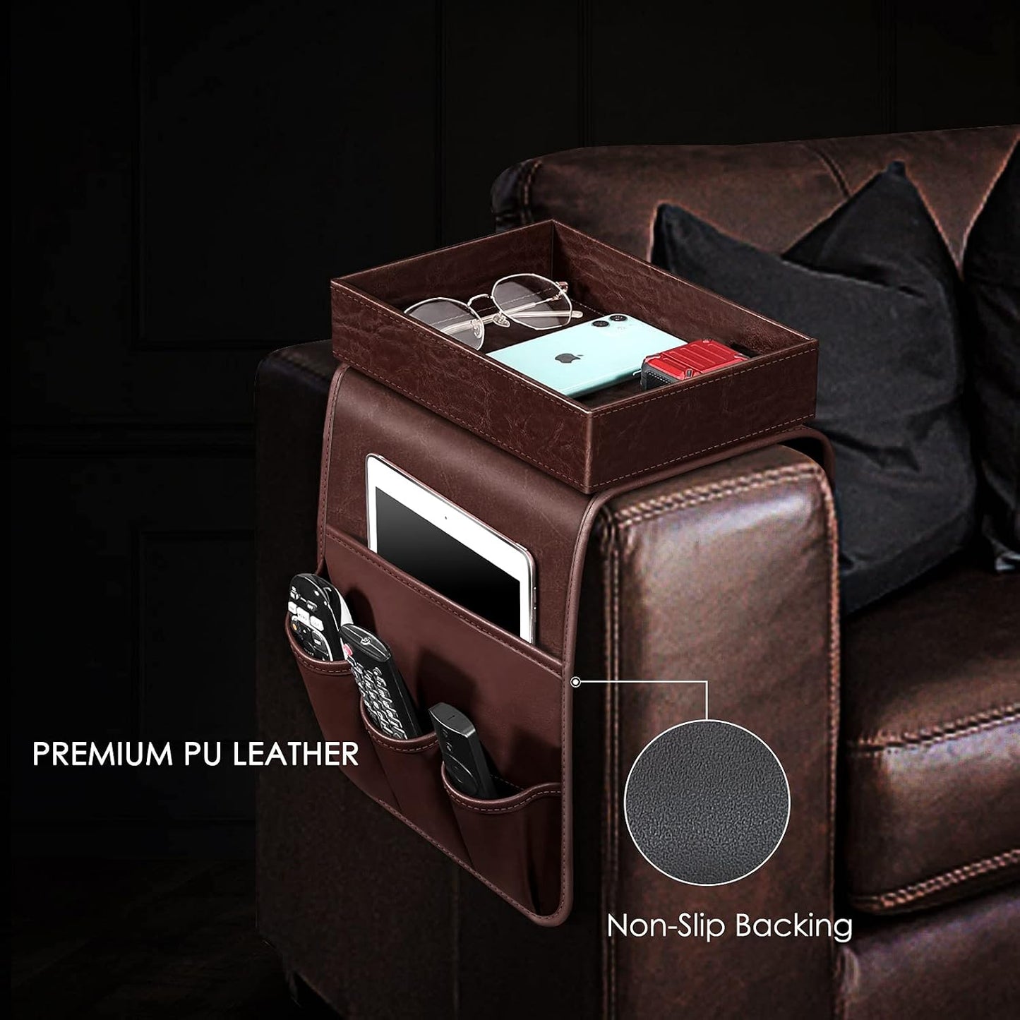 SITHON Sofa Remote Control Holder with Detachable Tray [Non Slip] | PU Leather Chair Couch Armrest Organizer Caddy with 5 Pockets for Magazines Phone iPad Remote Game Controller Eyeglasses