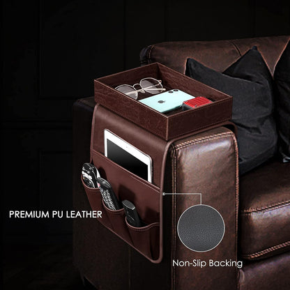 SITHON Sofa Remote Control Holder with Detachable Tray [Non Slip] | PU Leather Chair Couch Armrest Organizer Caddy with 5 Pockets for Magazines Phone iPad Remote Game Controller Eyeglasses