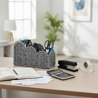 CubesLand Bedside Table Desk Organizer Caddy, Remote Pen&Pencil Holder Cup | Makeup Brush Holder w/Scalloped Perfect for Home, Office Desk, Living Room Table Decor, 3 Slots Neutral