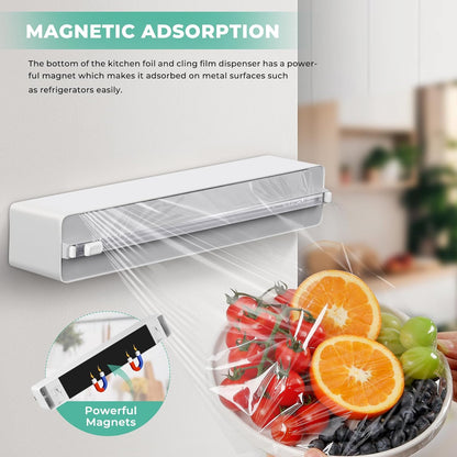 Magnetic Plastic Wrap Dispenser with Cutter - Practical Refillable Aluminum Tin Foil and Plastic Wrap Organizer for Drawer, Including an Extra Roll of 12"X 164' Food Cling Film - Black