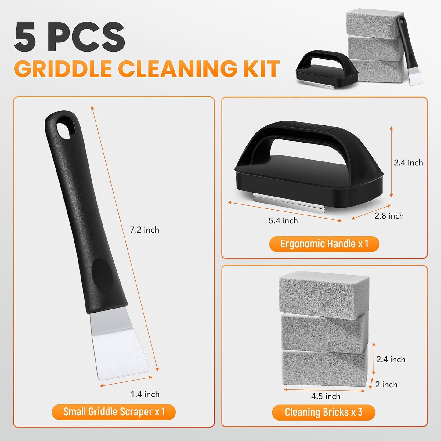 Grill Brick for Cleaning Flat Top, Heavy Duty Grill Stone Griddle Brick | Pumice Grill Cleaning Brick with Handle & Scraper, Griddle Cleaner for Removing Stubborn Grease, Rust (5 PCS)