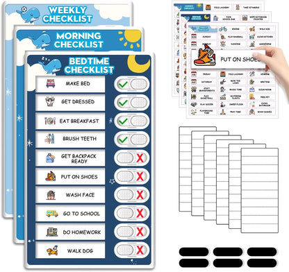 Upgraded Slider 3 in 1 Bedtime/Morning/Weekly Routine Chart for Kids, Magnetic Chore Chart for Kids with 99 Stickers, Cute Visual Schedule for Kid