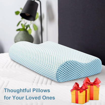 Anvo Memory Foam Pillow, Neck Contour Cervical Orthopedic Bed Pillow for Sleeping Side Back Stomach Sleeper, Ergonomic Design for Neck and Shoulder Pain Relief, Blue White, Firm