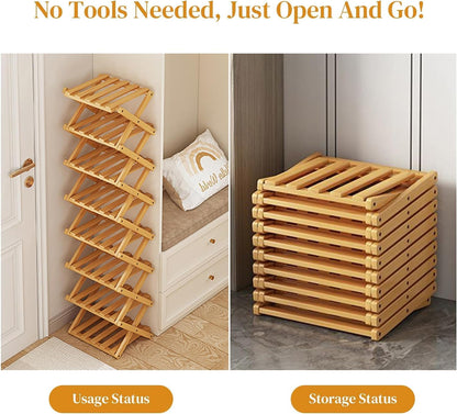 YYW Bamboo Shoe Rack for Entryway, Foldable Free Standing for Closet | Installation-Free Vertical Shoe Racks, Shoe Shelf for Living Room Bedroom, Easy To Assemble, Tawny 5 Layers